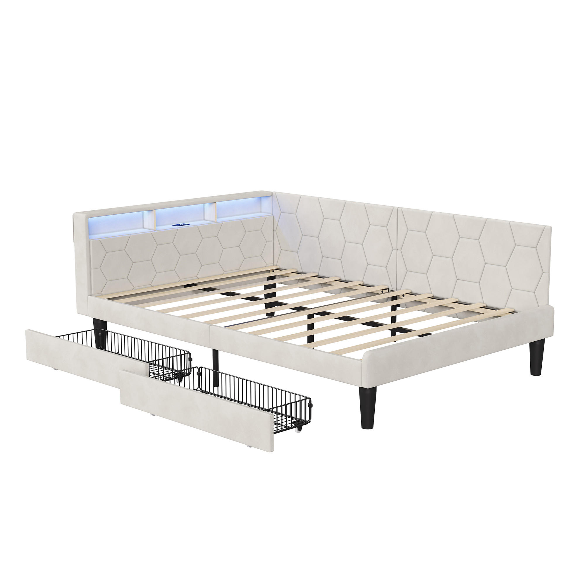 EuroLiving ČALOUNĚNÁ postel 140x200 cm, denní lůžko se 2 zásuvkami, LED a USB, manželská postel s úložným prostorem v čele, béžová