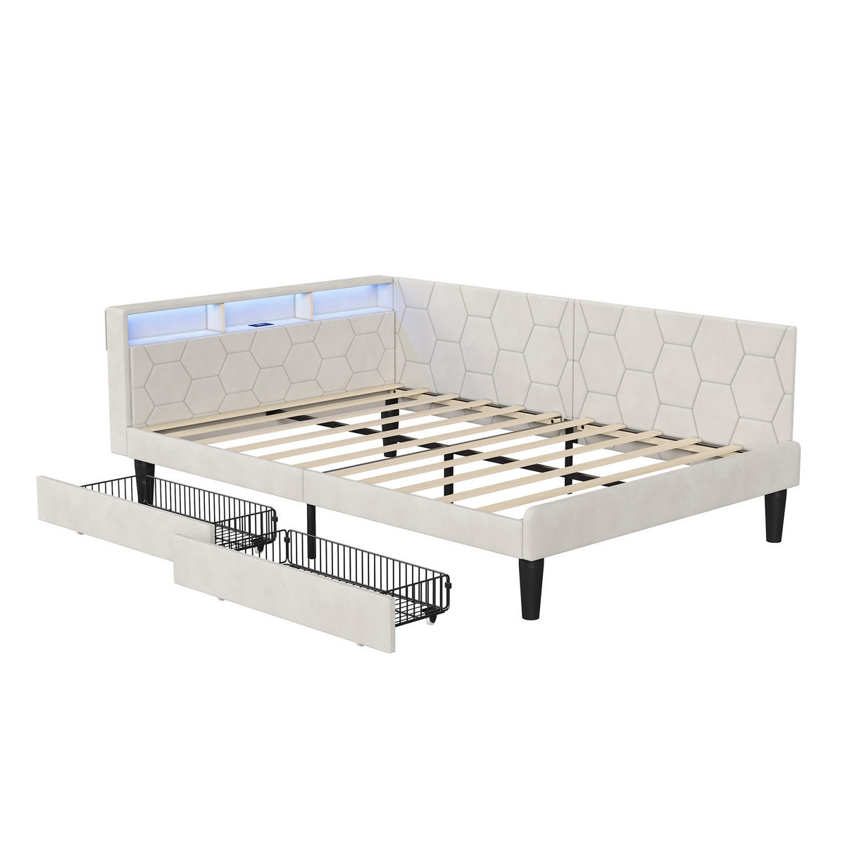 POLSTERBETT 140x200 cm Tagesbett mit 2 Schubladen, LED & USB, Doppelbett mit Kopfteil Stauraum, Beige - Beige, Metall (140/200cm) - EuroLiving