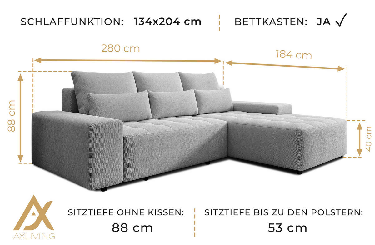 ECKSOFA L Form Alvorada Grau 280/184/88 cm – modernes Sofa fürs Wohnzimmer - Schwarz/Grau, Kunststoff/Textil (280/184cm) - AX Living