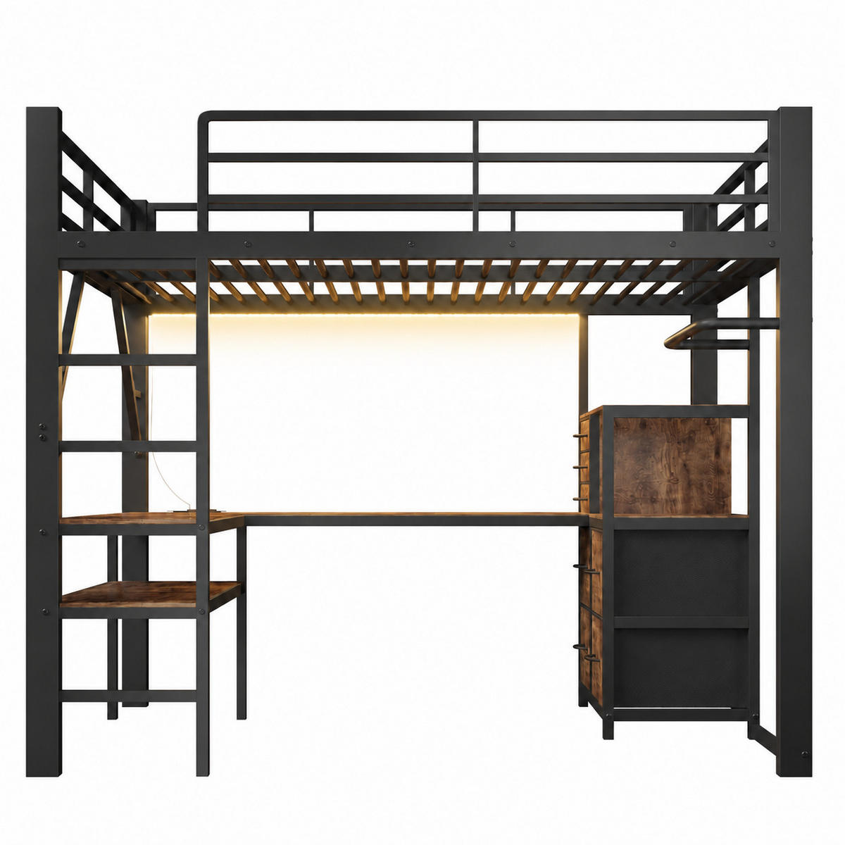 HOCHBETT aus Metall und MDF 140x200 cm Vintage-Braun-Schwarz mit Schreibtisch, LED und 7 Stoffschubladen - Schwarz, Metall (140/200cm) - Modfu