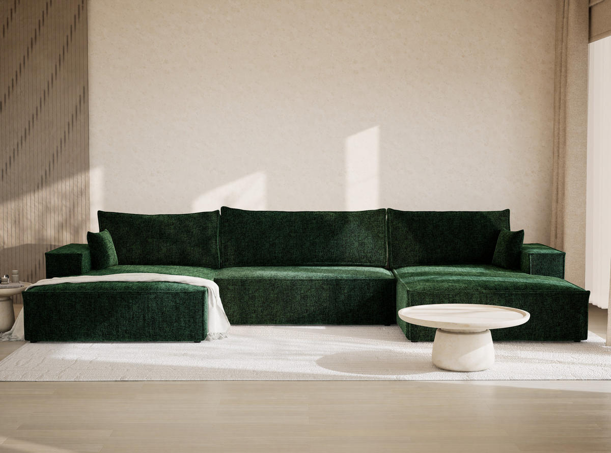 WOHNLANDSCHAFT Kyoto Dunkelgrün Chenille-Stoff - Dunkelgrün/Schwarz, Holz/Holzwerkstoff (398/70/148cm) - Maison de Reve