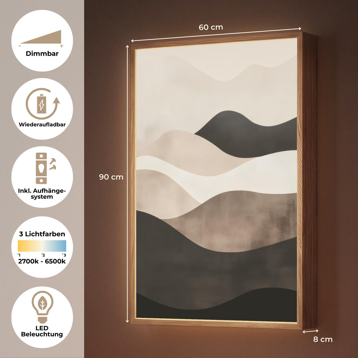 NÁSTĚNNÁ LAMPA S AKUMULÁTOREM Abstraktní - Krajina - Vlny - Krémová barva 60x90 cm - šedohnědá, kompozitní dřevo (60/90/8cm) - OnlyWow
