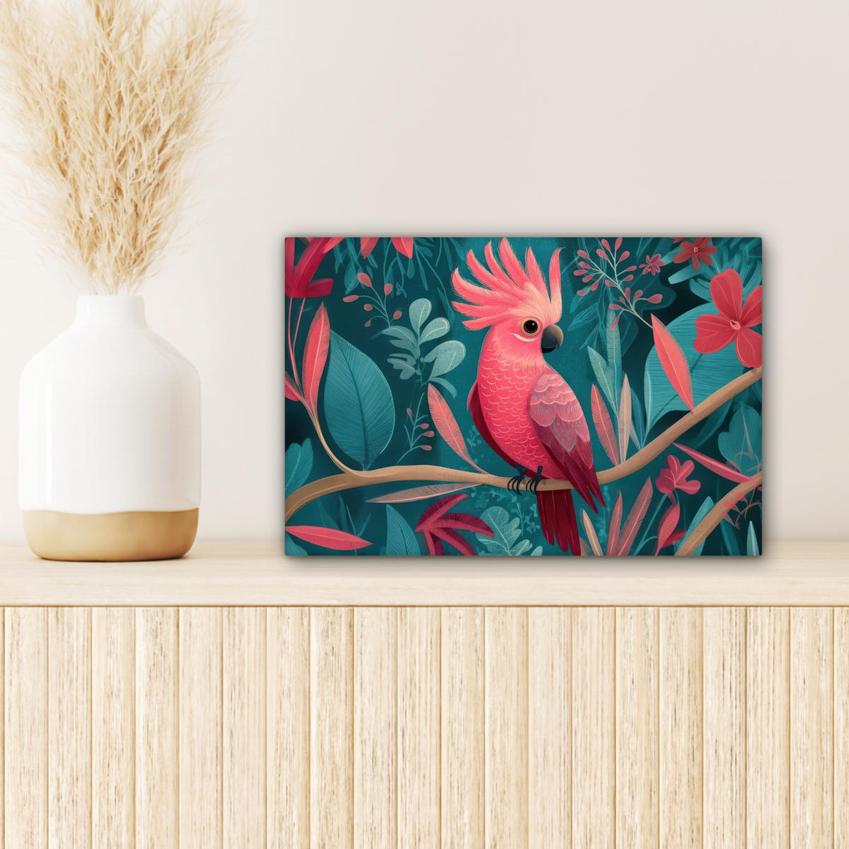 LEINWANDBILD Kakadu - Tropische Blätter - Zweig Deko Schlafzimmer 30x20 cm - Petrol, Textil (30/20cm) - MuchoWow