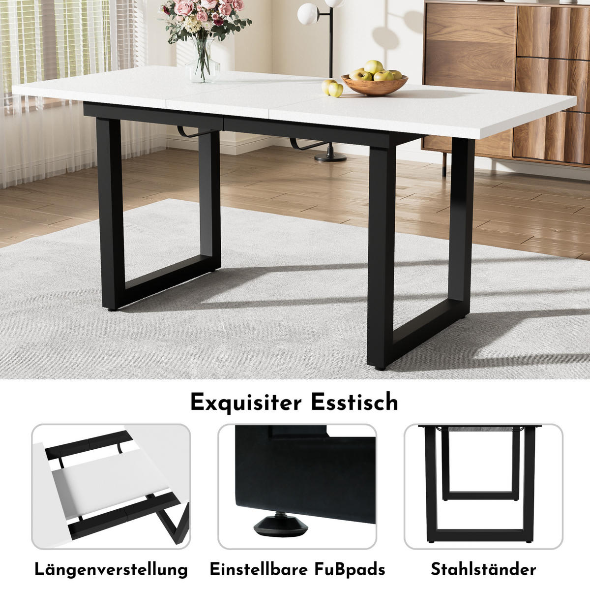 RAZTEGLJIVA jedilna miza 140/180/80/75 cm v industrijskem slogu, stabilen jeklen okvir, Bela/Črna - bela, leseni material (180/80/75cm) - Redom