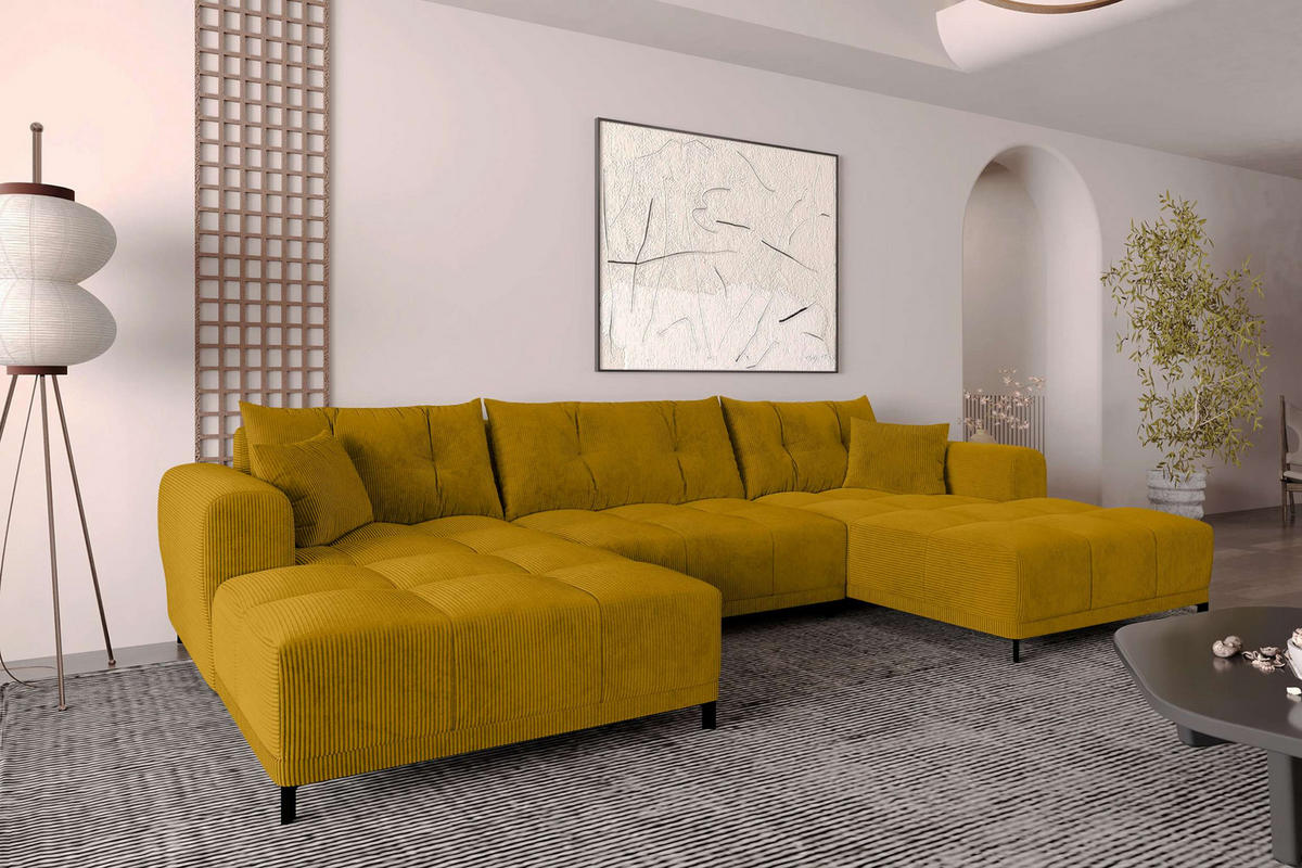 WOHNLANDSCHAFT Massimo Cordstoff Goldfarben inkl. Schlaffunktion - Goldfarben/Schwarz, Textil/Metall (356/94/181cm) - 99rooms