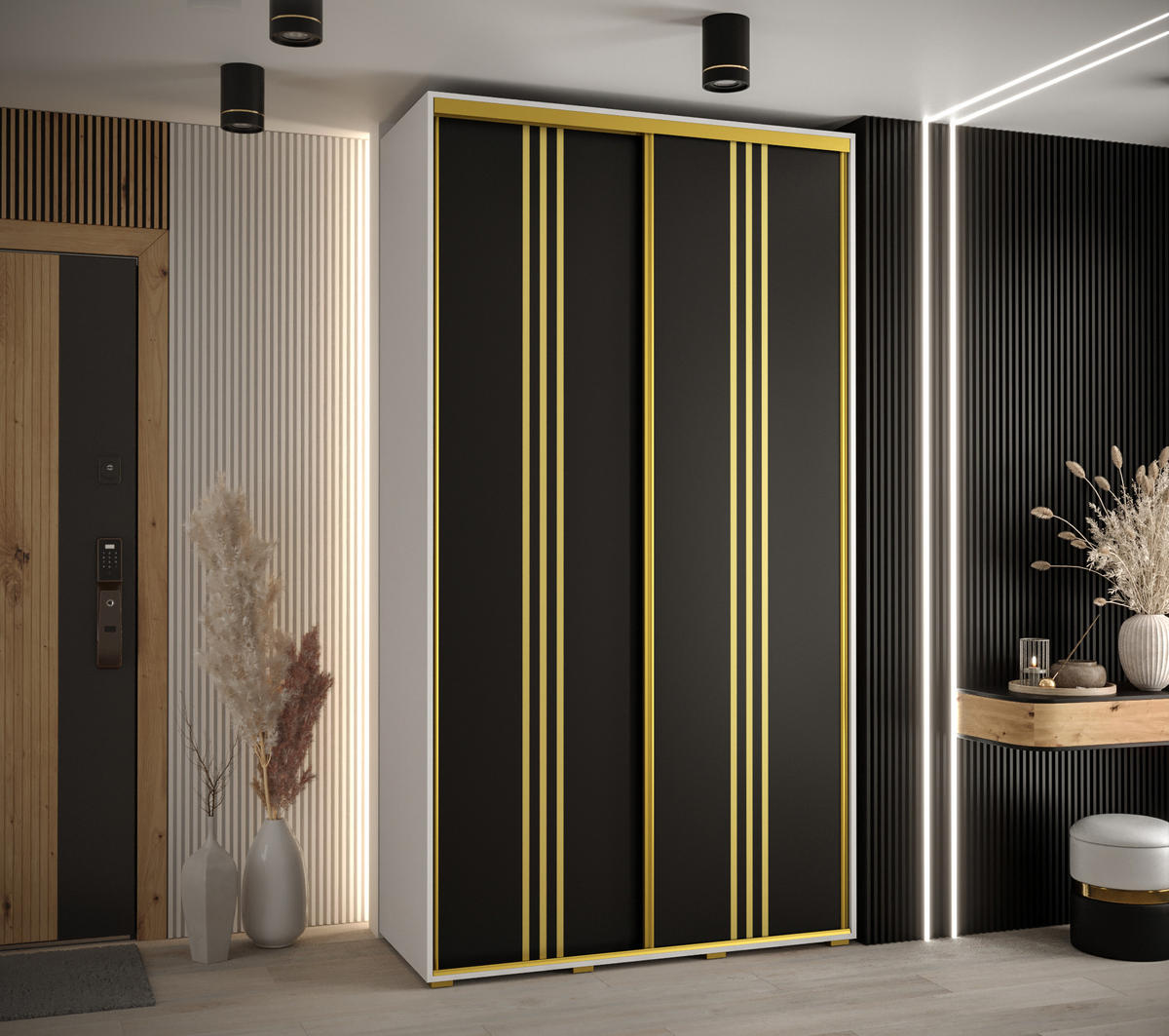 SCHWEBETÜRENSCHRANK 235,2/130/45 2-türig - Goldfarben/Schwarz, Holz/Metall (130/235/45cm) - Abiks Möbel