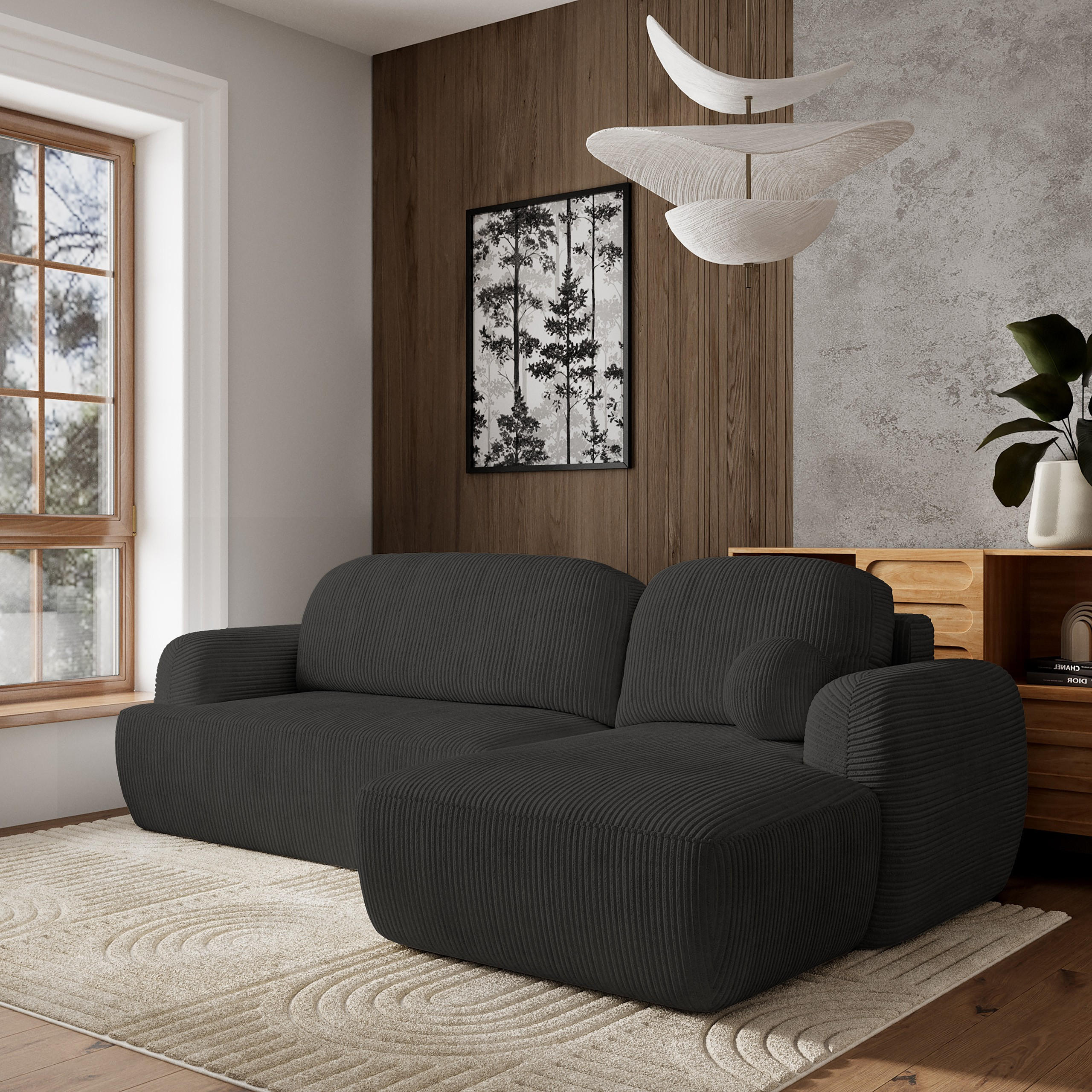 ECKSOFA MODENZA P R-S Schwarz Kordstoff mit Schlaffunktion - Schwarz, Holz (266/148cm) - MASSENO