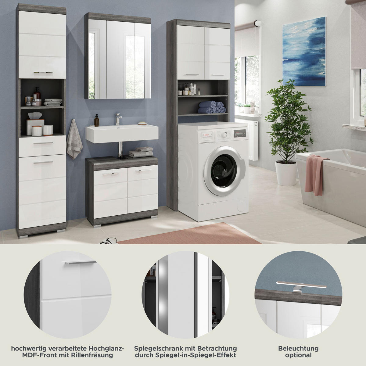 BADKOMBINATION 4tlg. Scout Bad in Rauchsilber Nachbildung und weiß hochglanz B/H/T: 190x191x34 cm - Anthrazit, Holz (190/191/34cm)