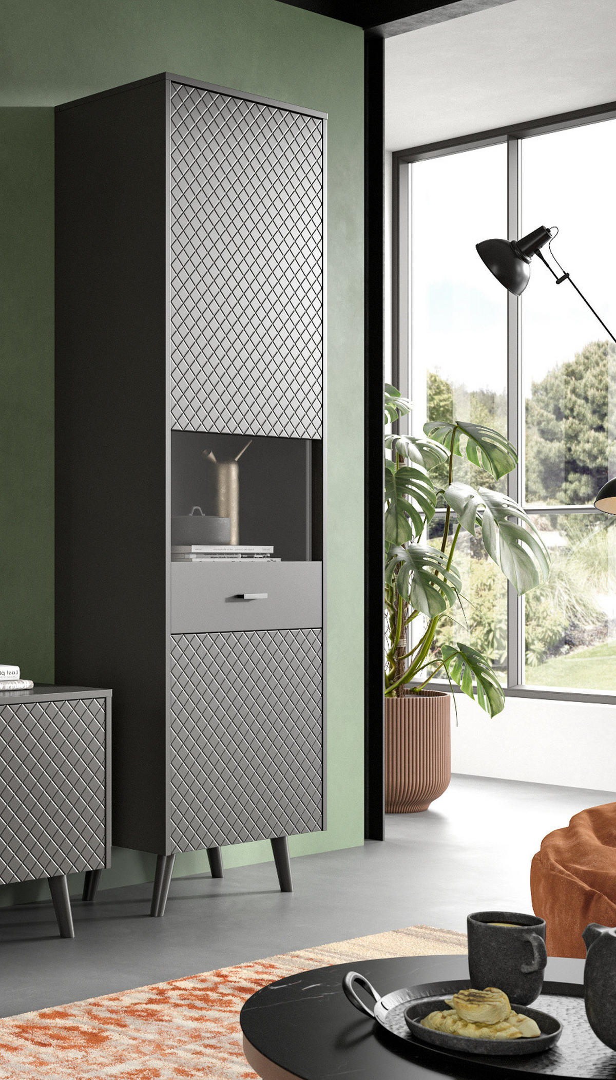 VITRINE grau matt 58 x 195 cm, Vitrinenschrank mit Struktur - Schwarz/Grau, Glas/Holzwerkstoff (58/195/37cm) - Inn.Furn