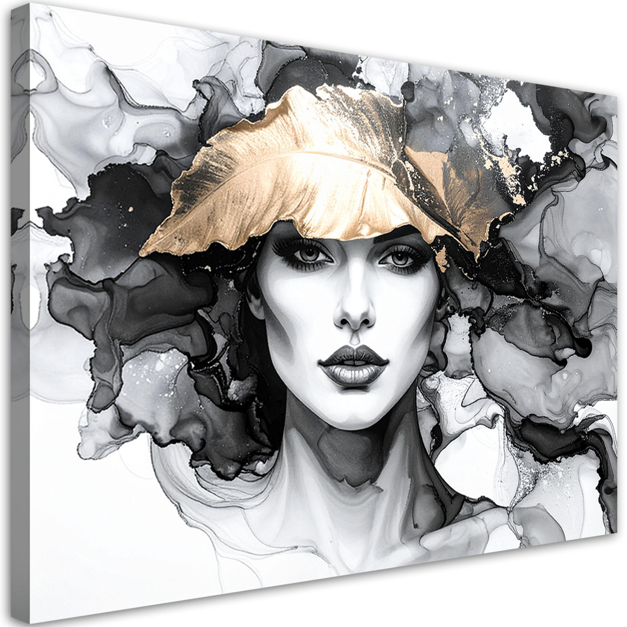 LEINWANDBILD Frau und Blätter auf dem Kopf 90x60cm - Grau, Textil (90/60cm) - Feeby