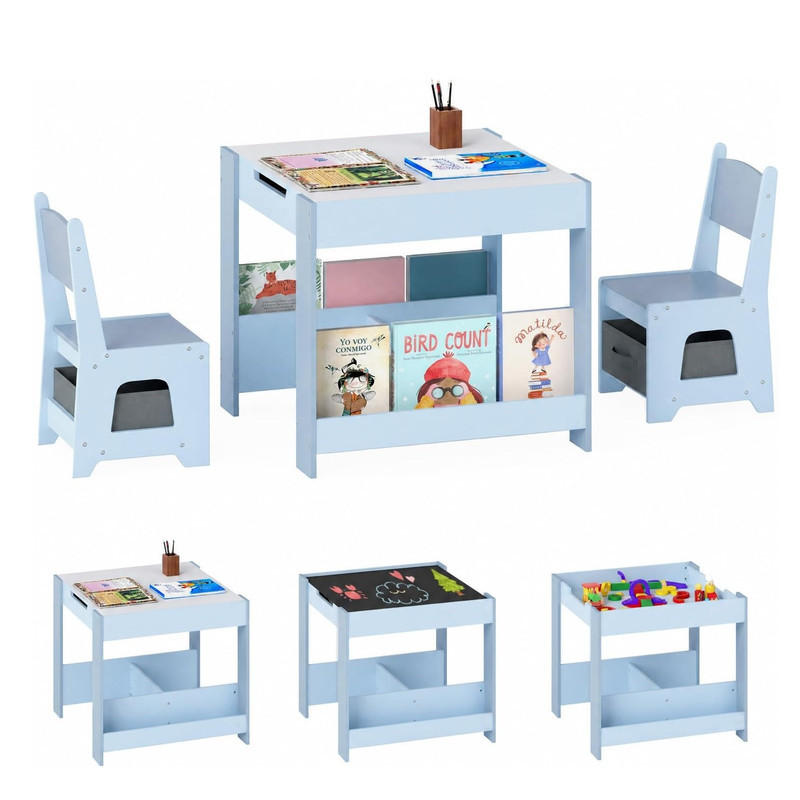 KINDERTISCH mit Stuhl blau(3-tlg) - Blau, Holzwerkstoff (62/56.5/62cm) - COSTWAY