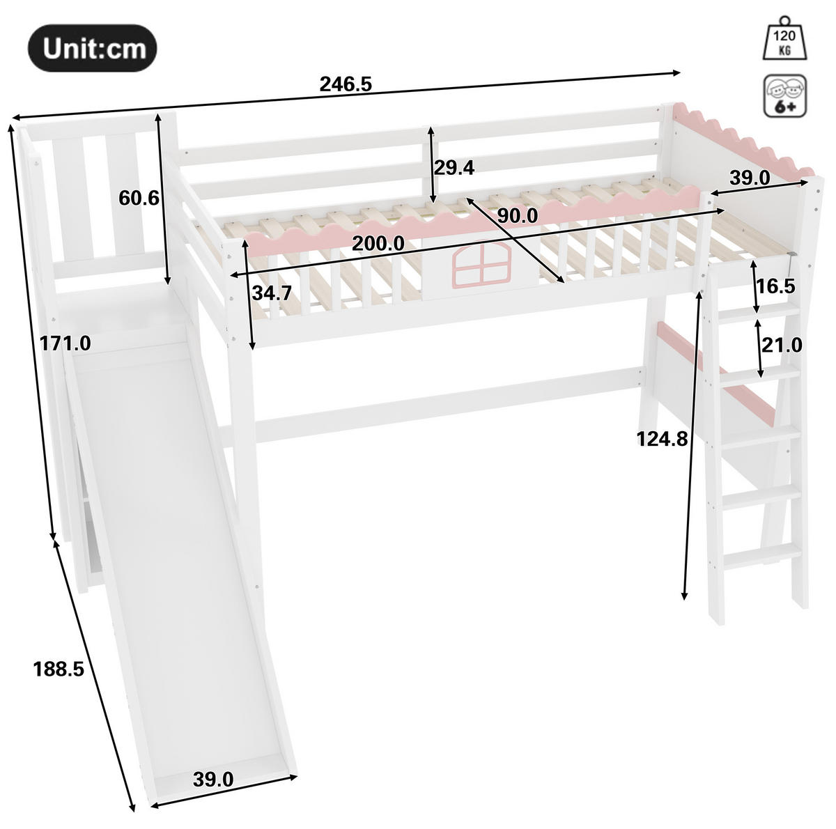 VISOKI krevet 90/200 cm s LED osvjetljenjem, policama i toboganom, dječji dizajn, Bijela - bijela, drvo (90/200cm) - Redom