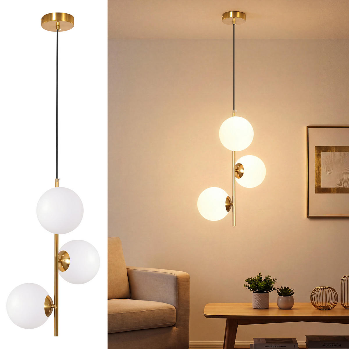 PENDELLEUCHTE Fyrith 34.5/15/150 cm - Goldfarben/Weiß, Glas/Metall (34.5/15/150cm) - ZMH