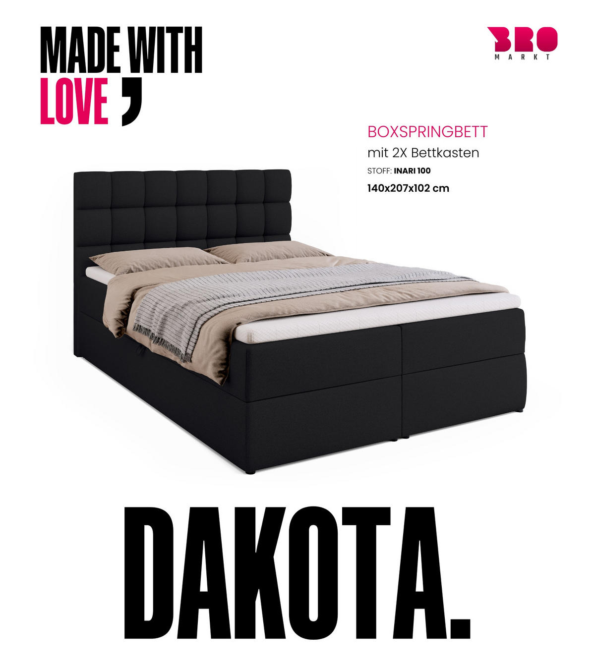 BOXBETT Dakota mit Topper 140/200 Schwarz - Schwarz, Textil (140/200cm) - Bromarkt