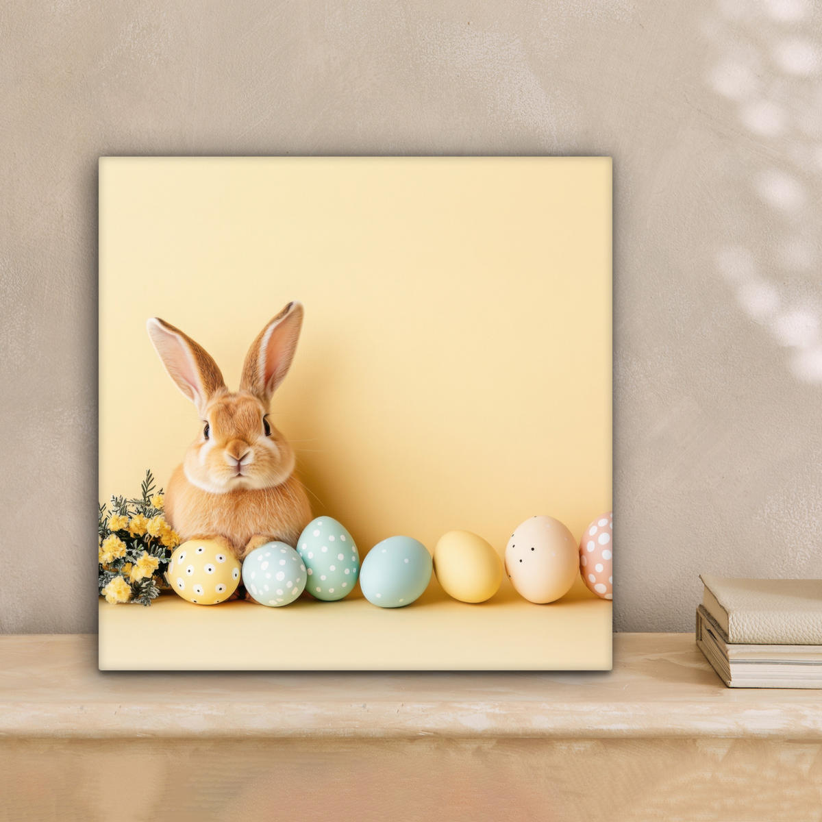 LEINWANDBILD Eier - Kaninchen - Pastellfarbtöne Deko Wohnzimmer 20x20 cm - Hellgelb, Textil (20/20cm) - MuchoWow