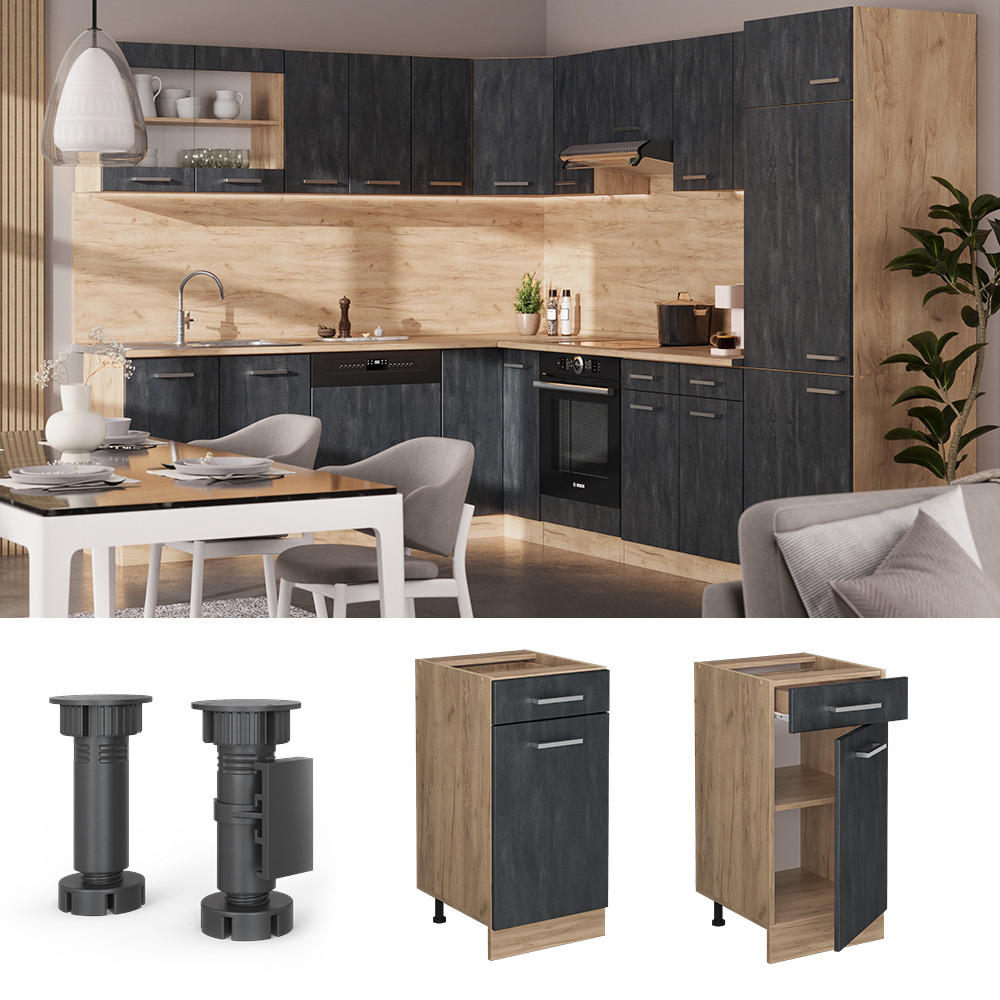 Thumbnail - Vicco Küchenunterschrank, Schwarz, Honigeiche, Holzwerkstoff, 3 Fächer, Rechteckig, 40x81.6x60 cm, Küchen, Küchenmöbel, ...