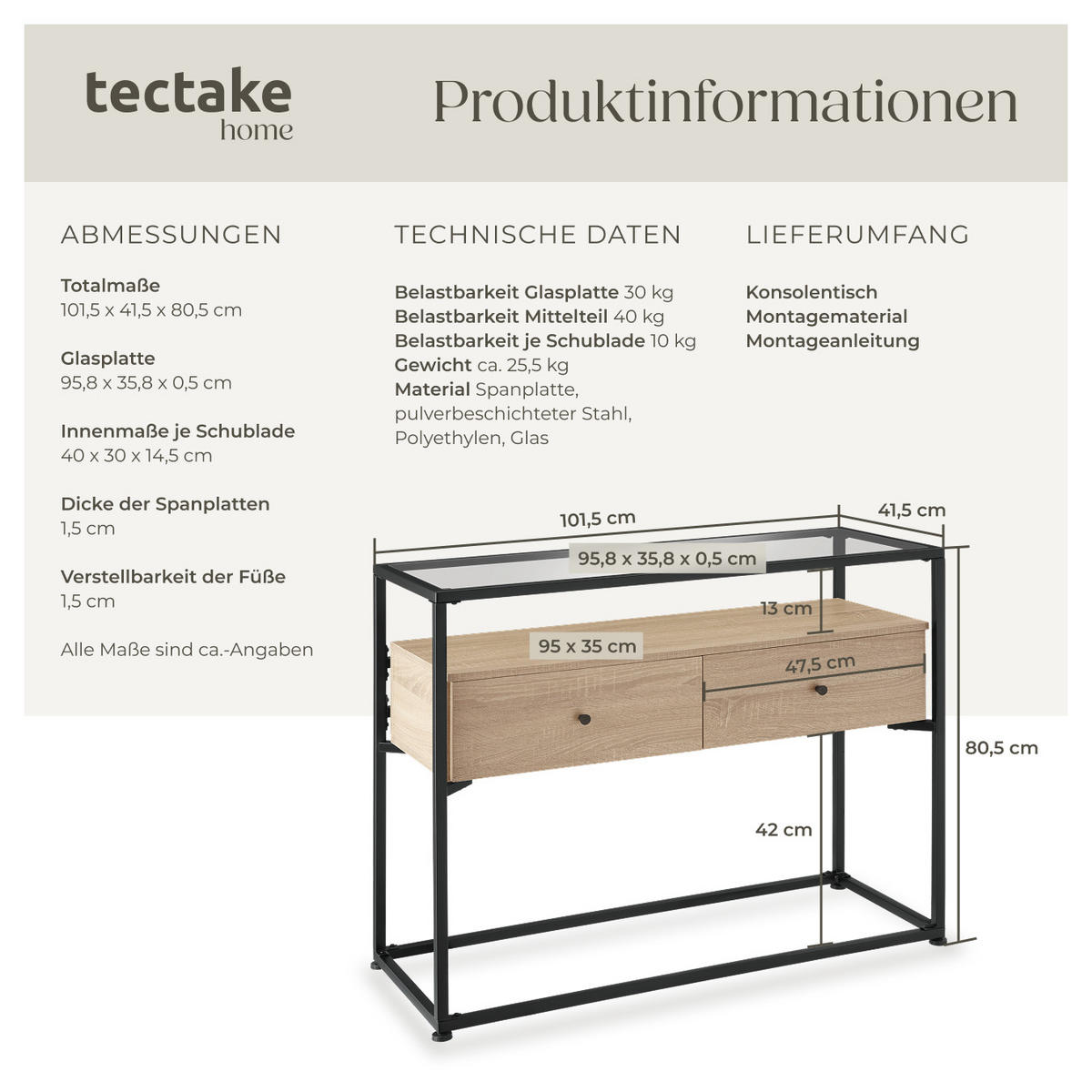KONSOLENTISCH Reading,101,5 x 41,5 x 80,5 cm,Industrial Holz hell, Eiche Sonoma - Naturfarben, Holzwerkstoff (101.5/41.5/80.5cm) - tectake