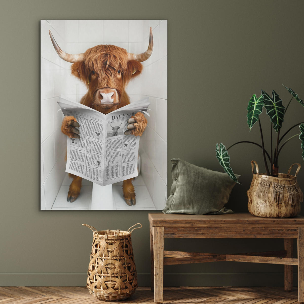 AKUSTIKPANEEL Schottisches Hochlandrind - Tier - Zeitung - Toilette 70x100 cm - Kastanienfarben, Textil (70/0.9/100cm) - MuchoWow