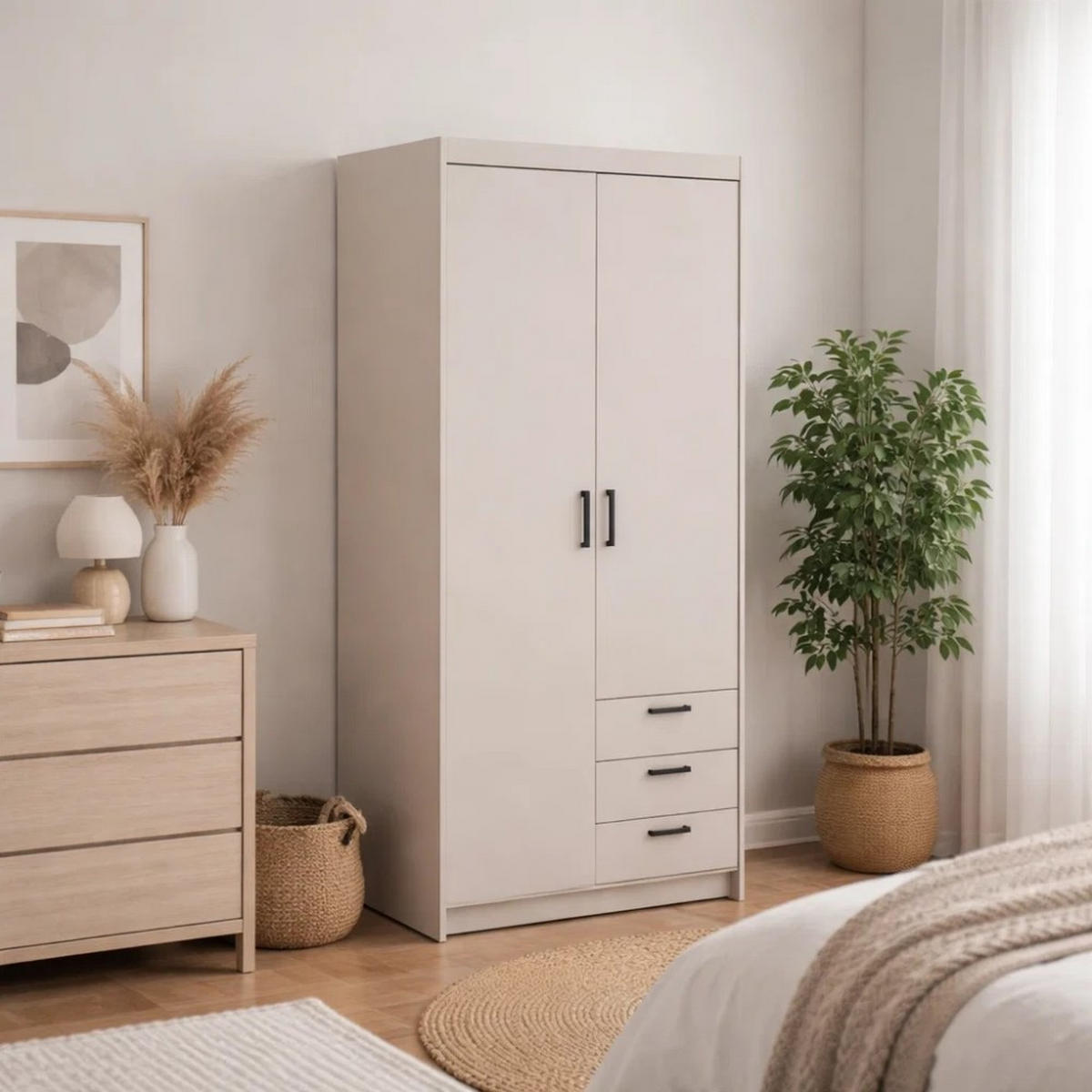 DREHTÜRENSCHRANK Elena mit 2 Türen und 3 Schubladen, mit Spiegel Sandbeige - Sandfarben, Holzwerkstoff (90/190/53cm) - Beautysofa