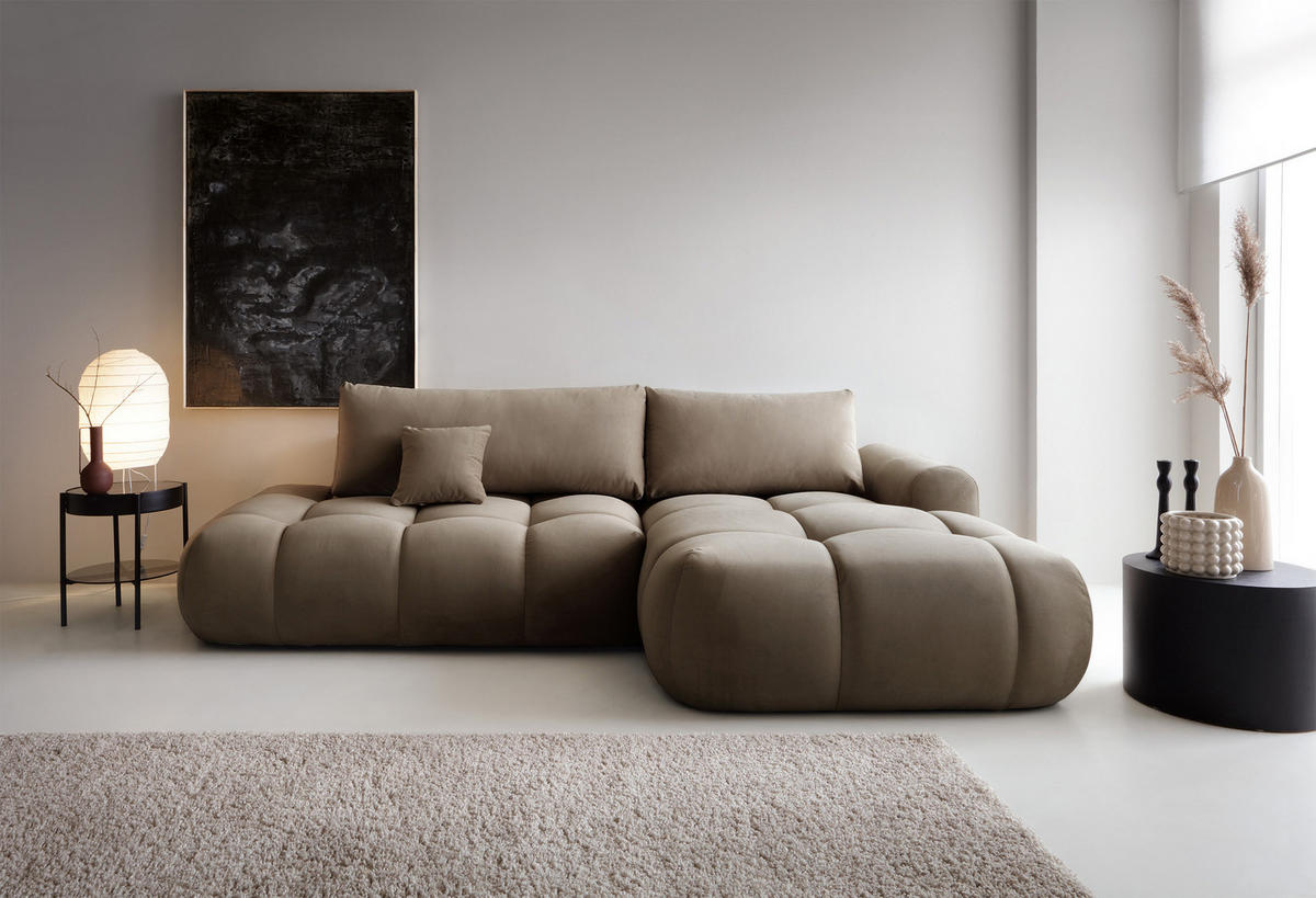 ECKSOFA Ombo Graubraun Velours 280 cm - Hellbraun/Schwarz, Kunststoff/Textil (284/167cm) - Selsey
