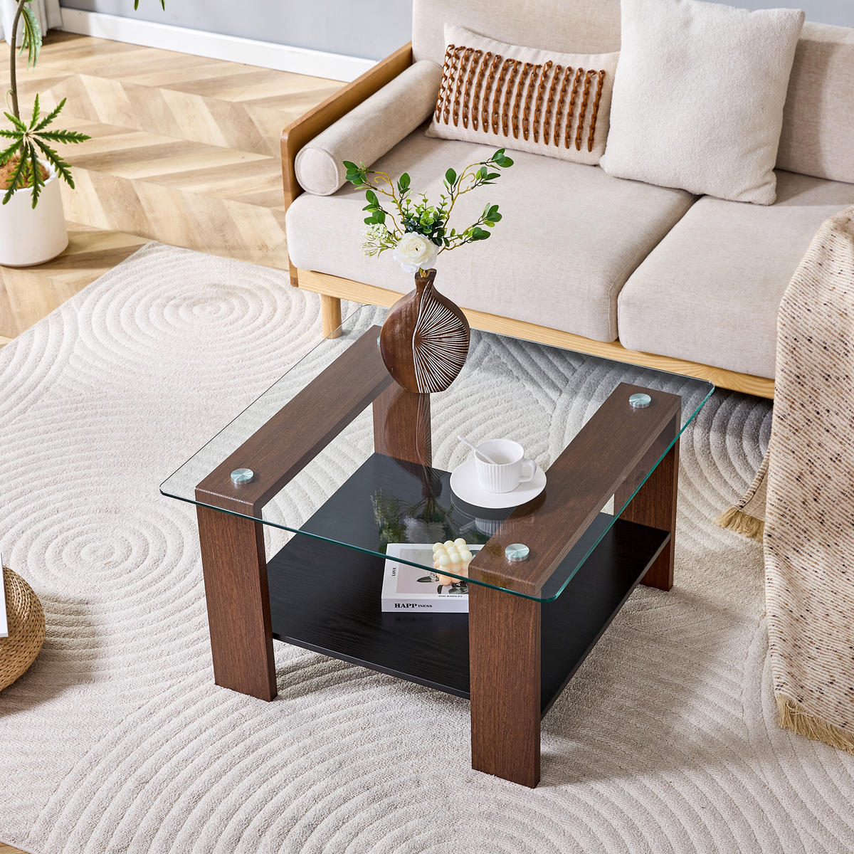 COUCHTISCH 75/75/45,5 cm walnussfarben aus MDF und Glas mit Ablage - Walnussfarben, Holzwerkstoff (75/75/45.5cm) - OKWISH