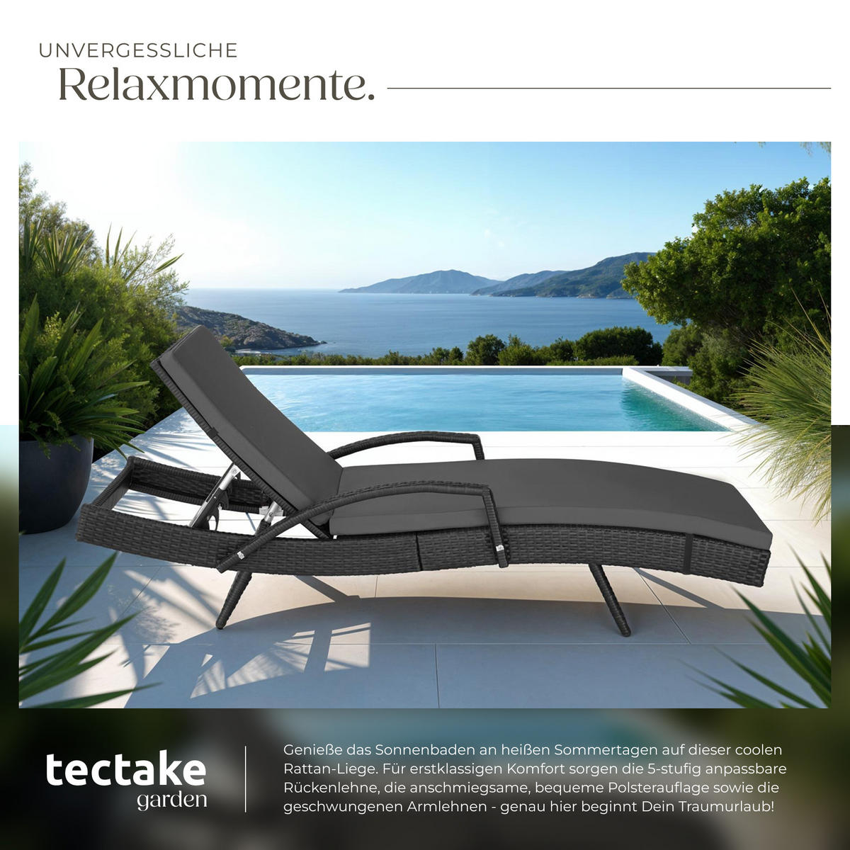 RATTAN-SONNENLIEGE Océane,190 x 71 x 34 – 74,5 cm,schwarz - Schwarz, Kunststoff (71/74.5/190cm) - tectake