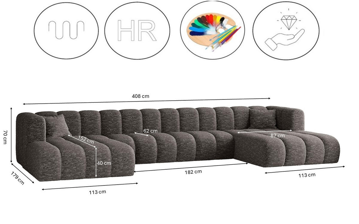 ECKSOFA U-form Grand U XL Stoff Haga Graphit - Graphitfarben, Holz (179/408cm) - Kaiser Möbel