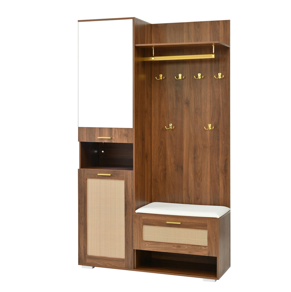 DIELENGARDEROBE 110/38/190 cm mit 6 Haken, Spiegel und Sitzbank - Walnussfarben, Holzwerkstoff (38/190/110cm) - BEAOK