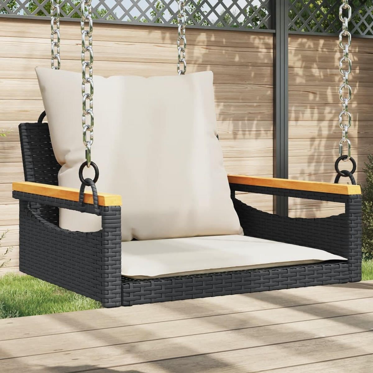 HÄNGESESSEL mit Kissen Schwarz 63x62x40 cm Poly Rattan - Schwarz, Holz (63/40/62cm) - furnicato