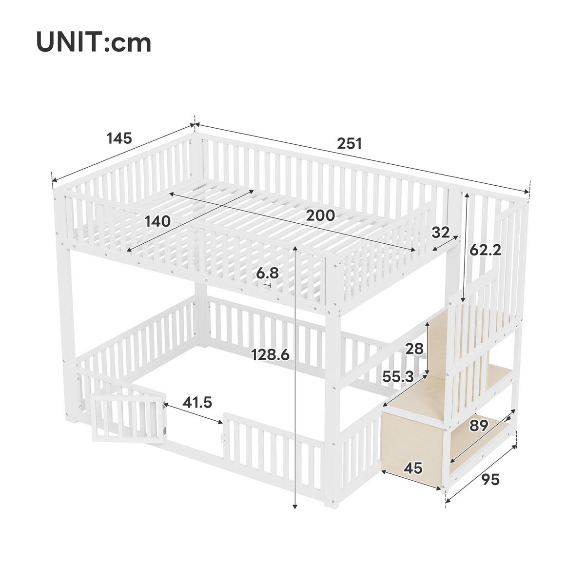 ETAGENBETT 140/200 cm Weiß mit Stauraumleiter und LED - Weiß, Metall (140/200cm) - Oxeza