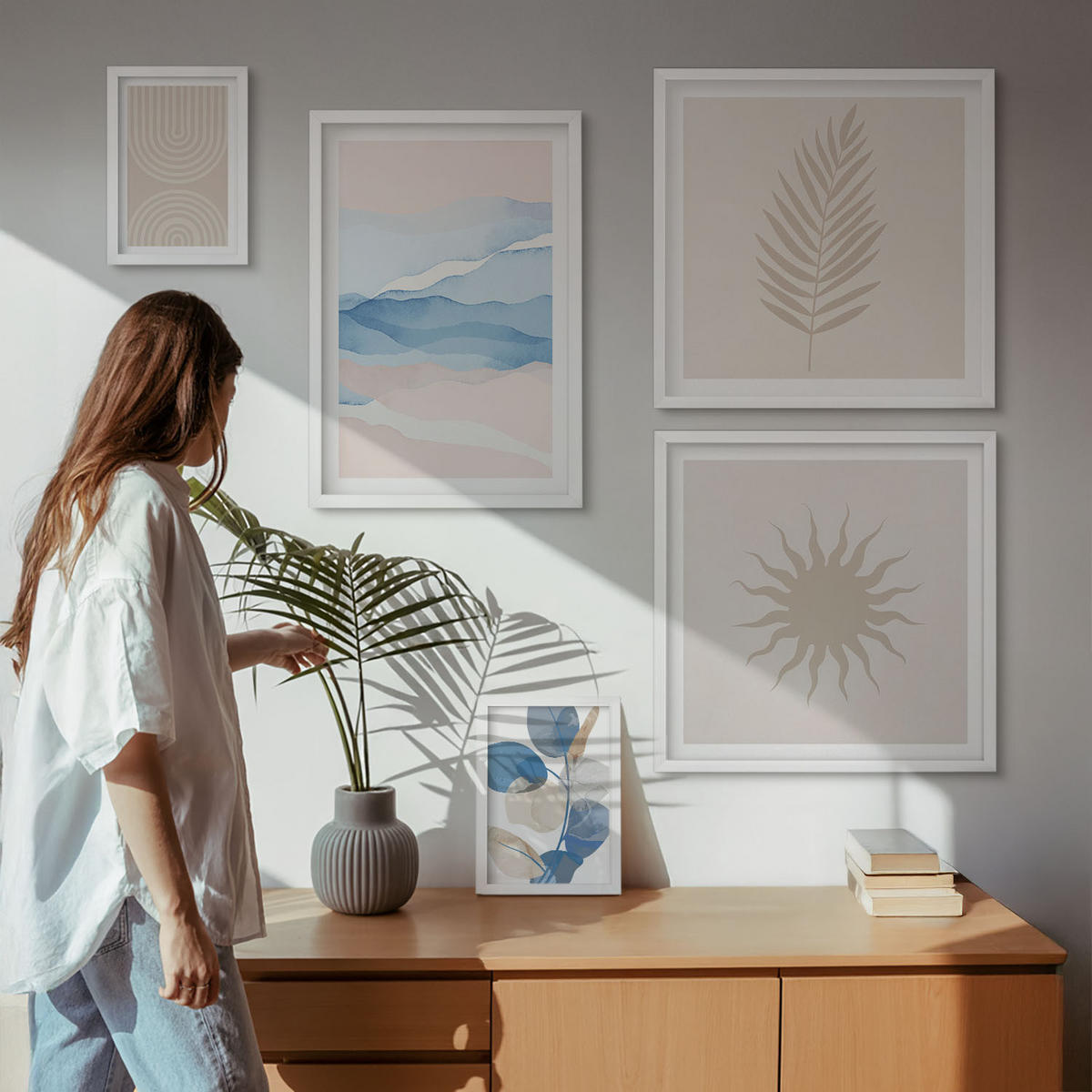 WANDBILDER 5er-Set - 50x50 cm & 20x30 cm & 40x60 cm Weißer Rahmen - Abstrakte Linien der Sonnenwellen - Weiß, Kunststoff (40/60cm) - ArtPrintCave