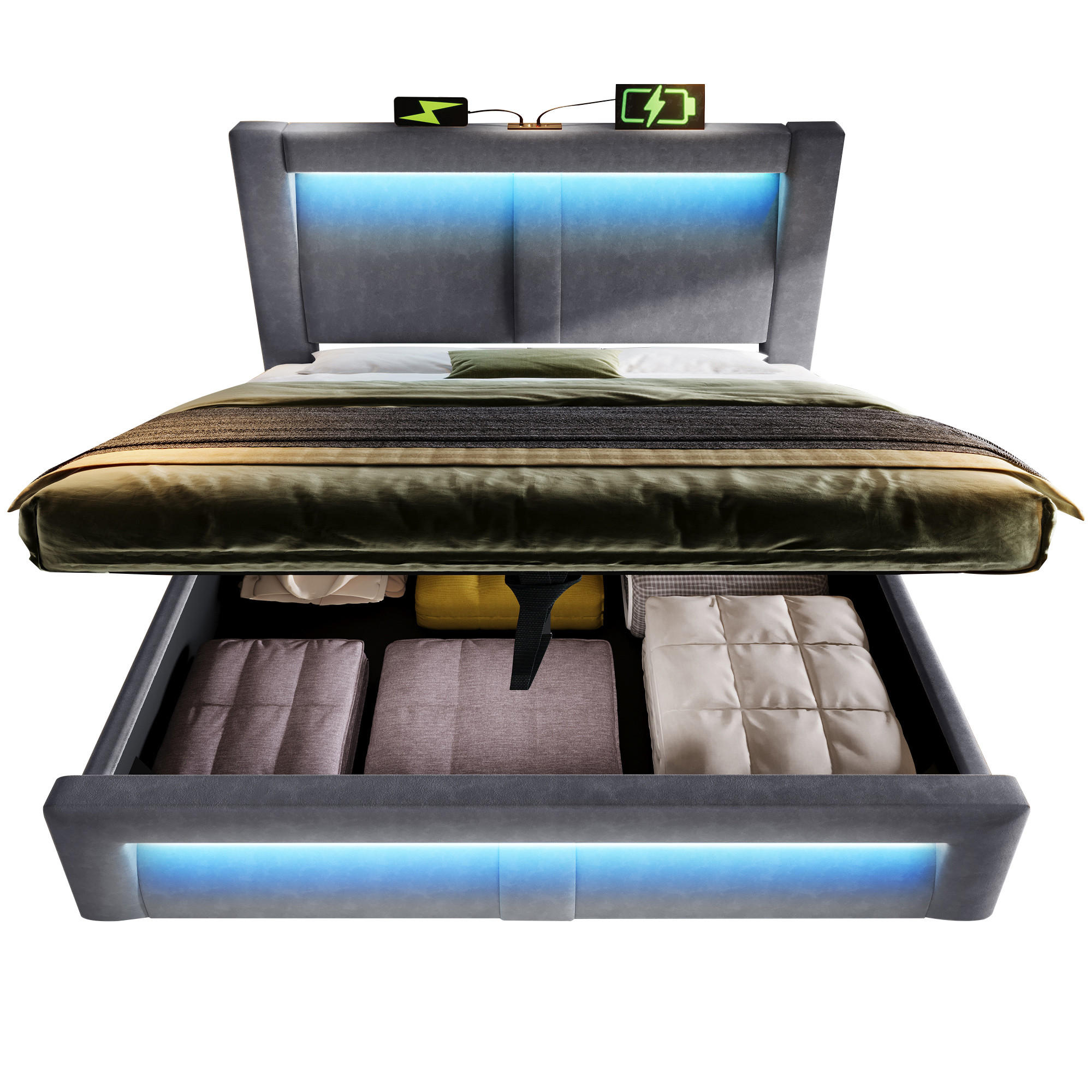 POLSTERBETT 160/200 cm mit LED, USB- und Type-C-Anschluss, hydraulischem Stauraum, Samt und Matratze, Grau - Grau, Textil (160/200cm) - Redom