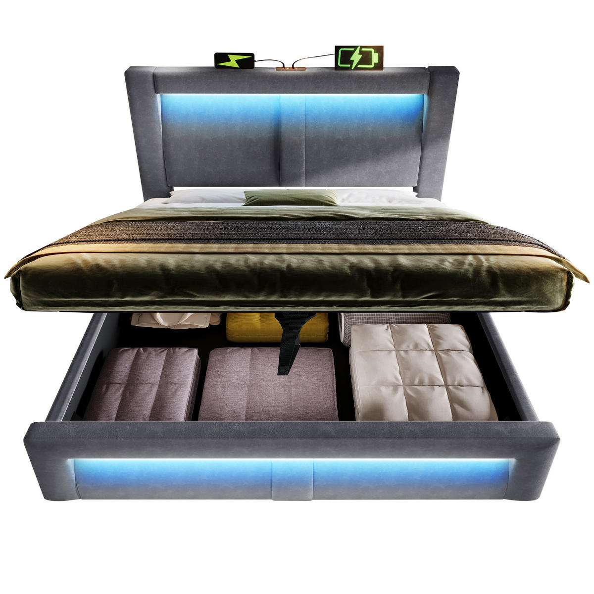 POLSTERBETT 180/200 cm Grau aus Samt mit Stauraum LED und USB-C - Grau, Textil (180/200cm) - OKWISH