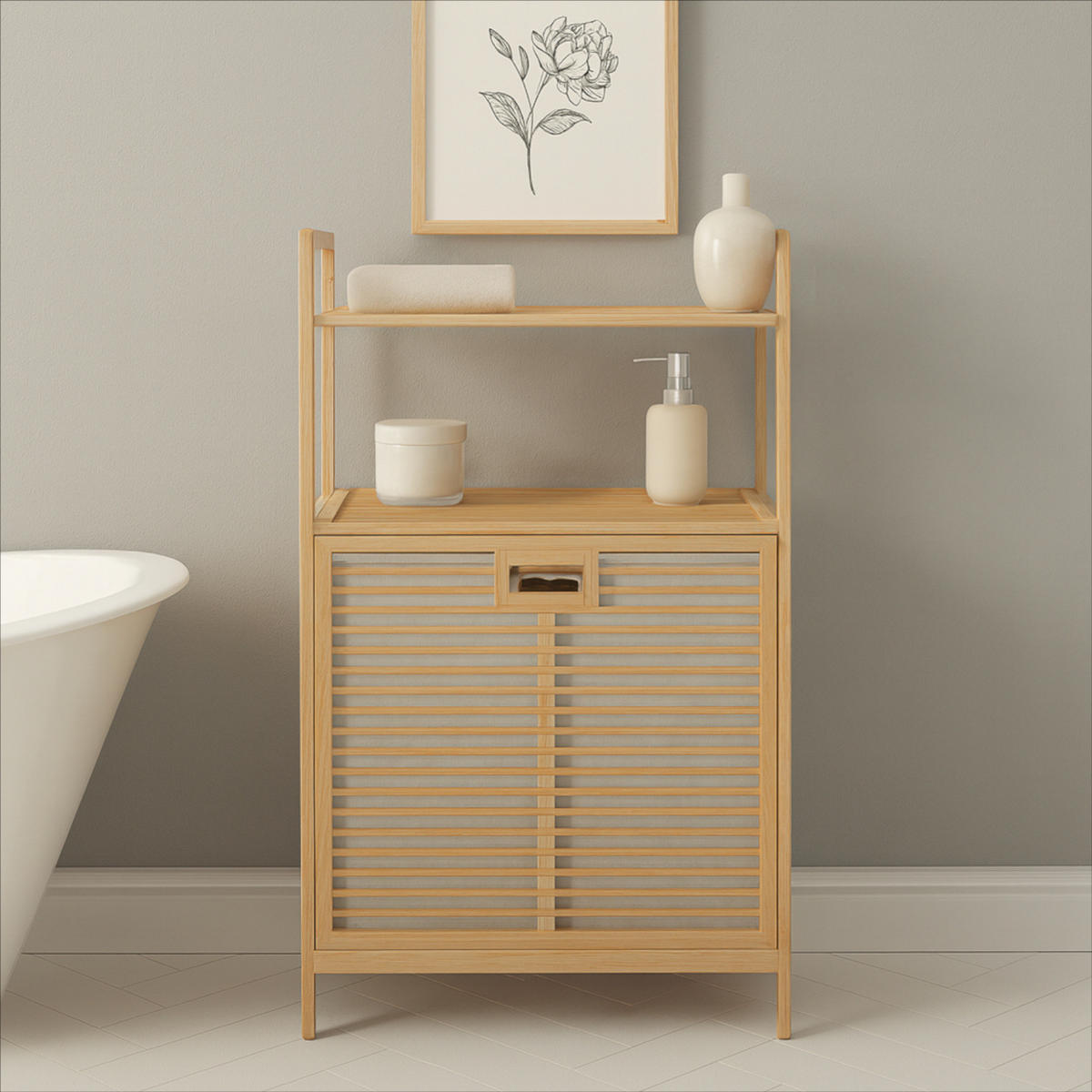 WÄSCHEKORB Bambus Naturfarben Regal mit Ablage 64x40x95 cm - Naturfarben, Holz (64/95/40cm) - Begryf