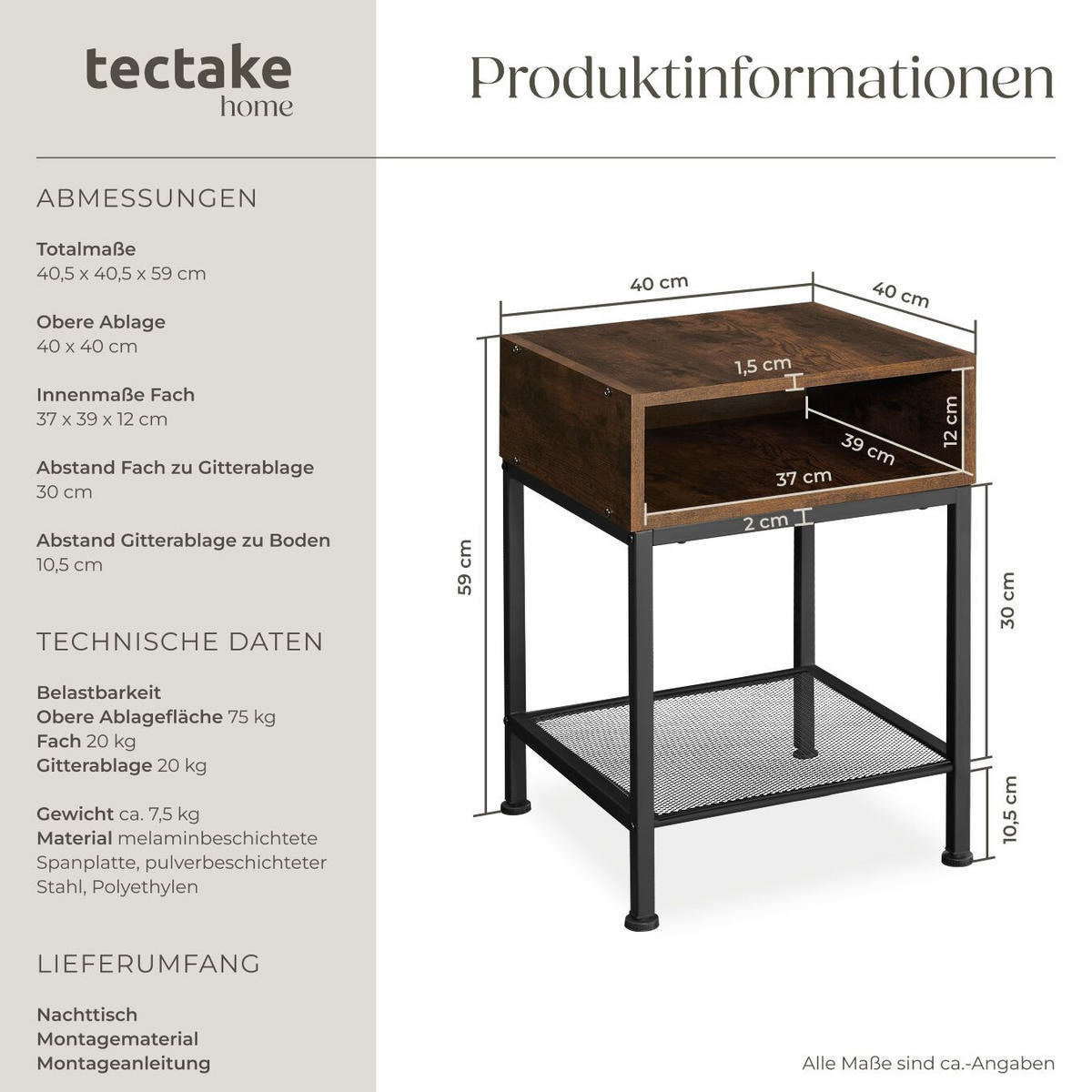 NACHTSCHRANK Harlow,40,5 x 40,5 x 59 cm,Industrial Holz dunkel, rustikal - Rostfarben, Holzwerkstoff (40.5/59/40.5cm) - tectake