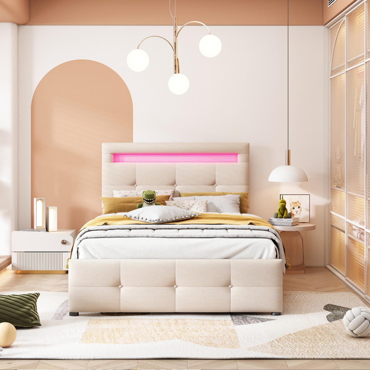 POLSTERBETT 90/200 cm Beige mit LED-Beleuchtung und 2 Schubladen - Beige, Holzwerkstoff (90/200cm) - Flora Grace