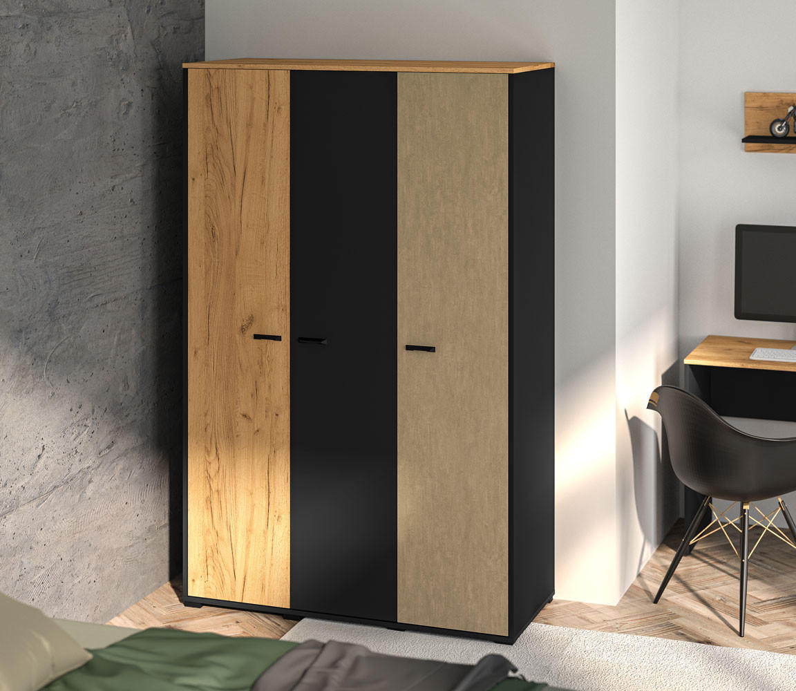KLEIDERSCHRANK Colt schwarz / Craft Gold Eiche / Premium Steel / 120 / 55 / 190cm - Multicolor/Schwarz, Holz/Holzwerkstoff (120/190/55cm) - Feldmann-Wohnen