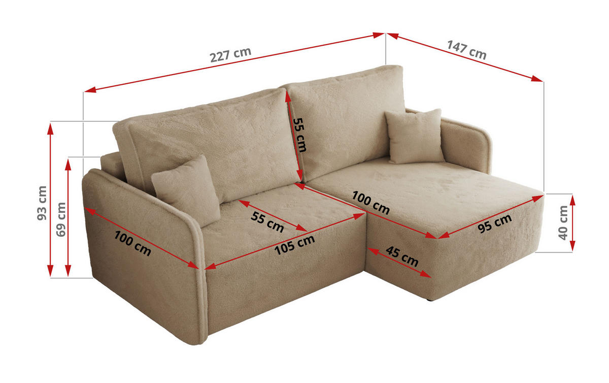 ECKSCHLAFSOFA MESTO L Beige Plüsch - rechts - Beige/Schwarz, Kunststoff/Textil (147/227cm) - MKS