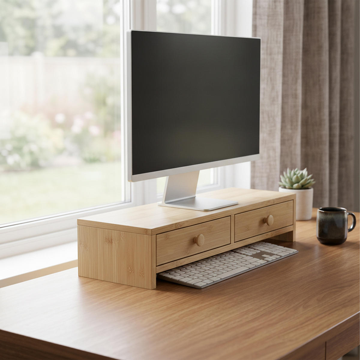 MONITORSTÄNDER Braun Holzoptik MDF 2 Schubladen - Hellbraun, Holzwerkstoff (18/47/12.5cm) - Relaxdays