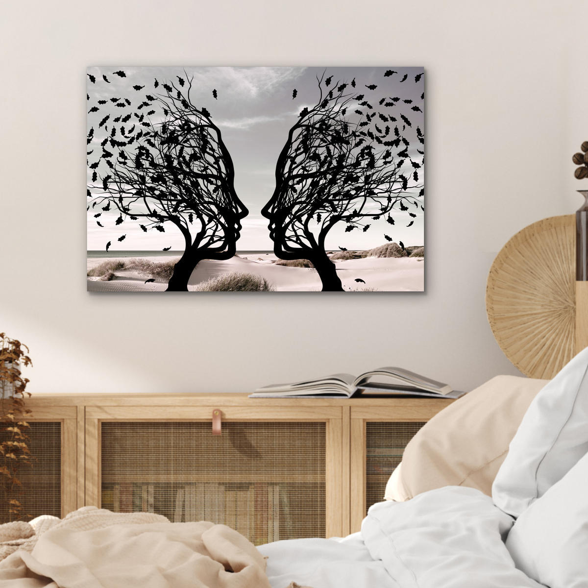 METALLBILD Strand - Meer - Menschen - Baum - Moderne Kunst 60x40 cm - Hellgrau, Metall (60/40cm) - MuchoWow