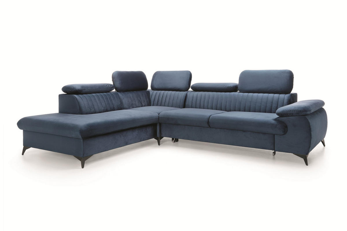 ECKSOFA FIORE Blau Velours-Stoff mit Schlaffunktion - Blau, Holz (280/193cm) - MASSENO