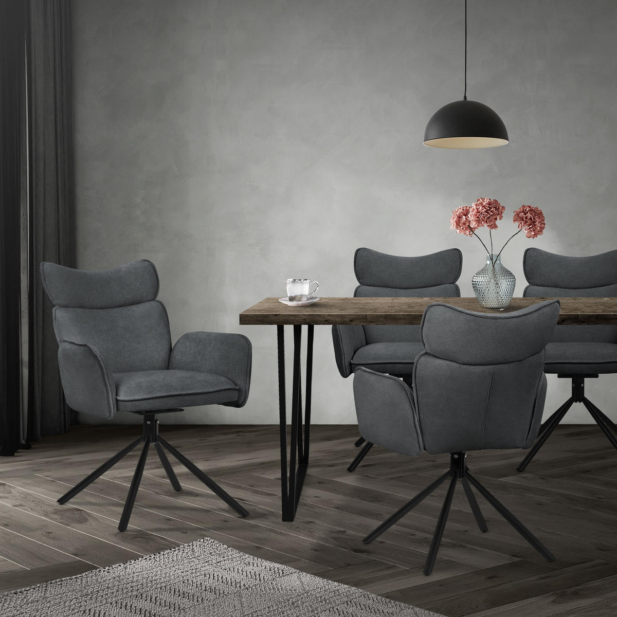 ESSZIMMERSTÜHLE 6er Set drehbar Anthrazit mit Stoffbezug - Anthrazit/Schwarz, Textil/Metall (63/89/68cm) - ML-DESIGN