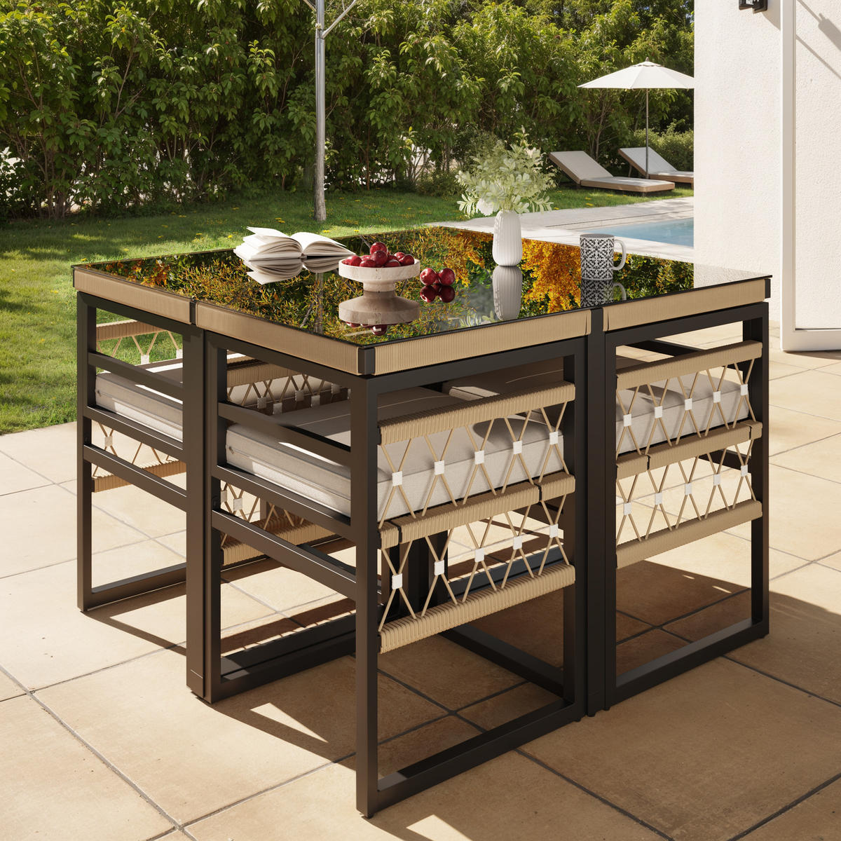 GARTENSET 4 Personen Beige Inkl. Glastisch & 4 Sesseln - Beige, Metall - FLIEKS