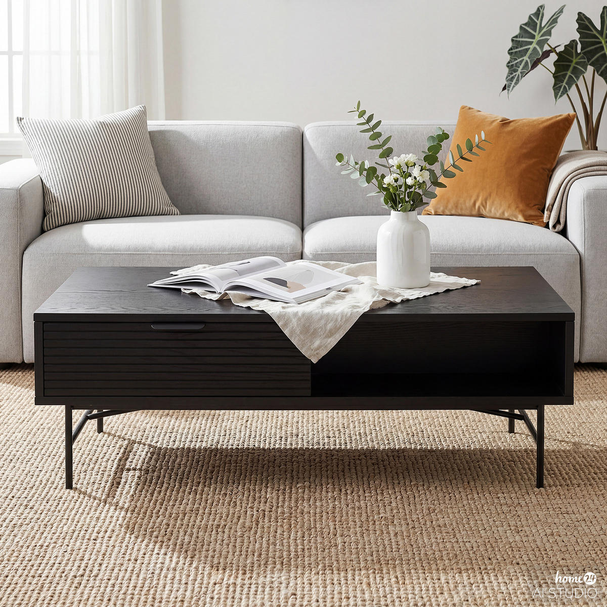COUCHTISCH - Echtholzfurnier - Eichefarben/Schwarz, Holzwerkstoff/Metall (60/120/40cm) - home24