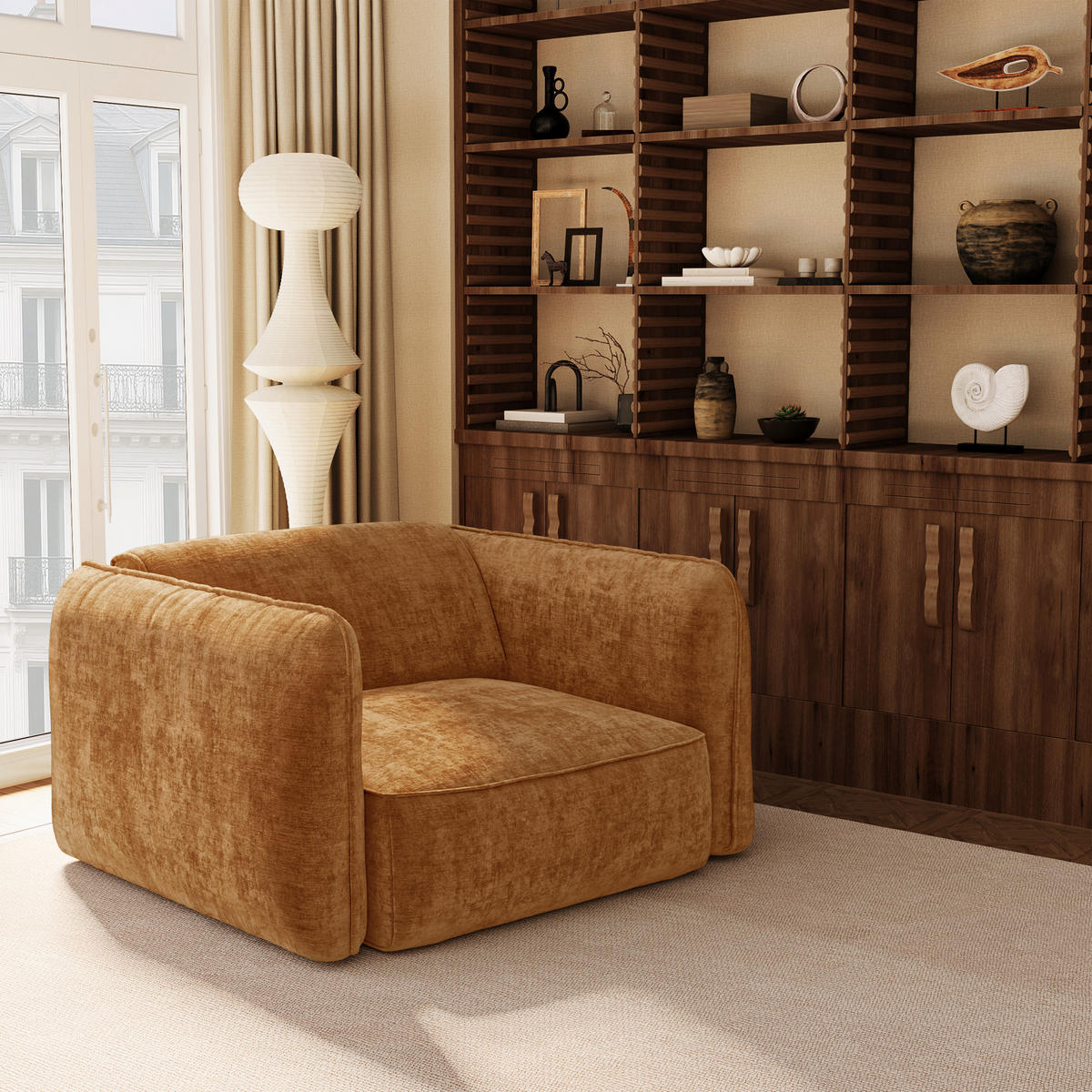 SESSEL LOMI Geprägter Samt Karamell 118cm - Braun, Textil (118/76/102cm) - Premium Interiors