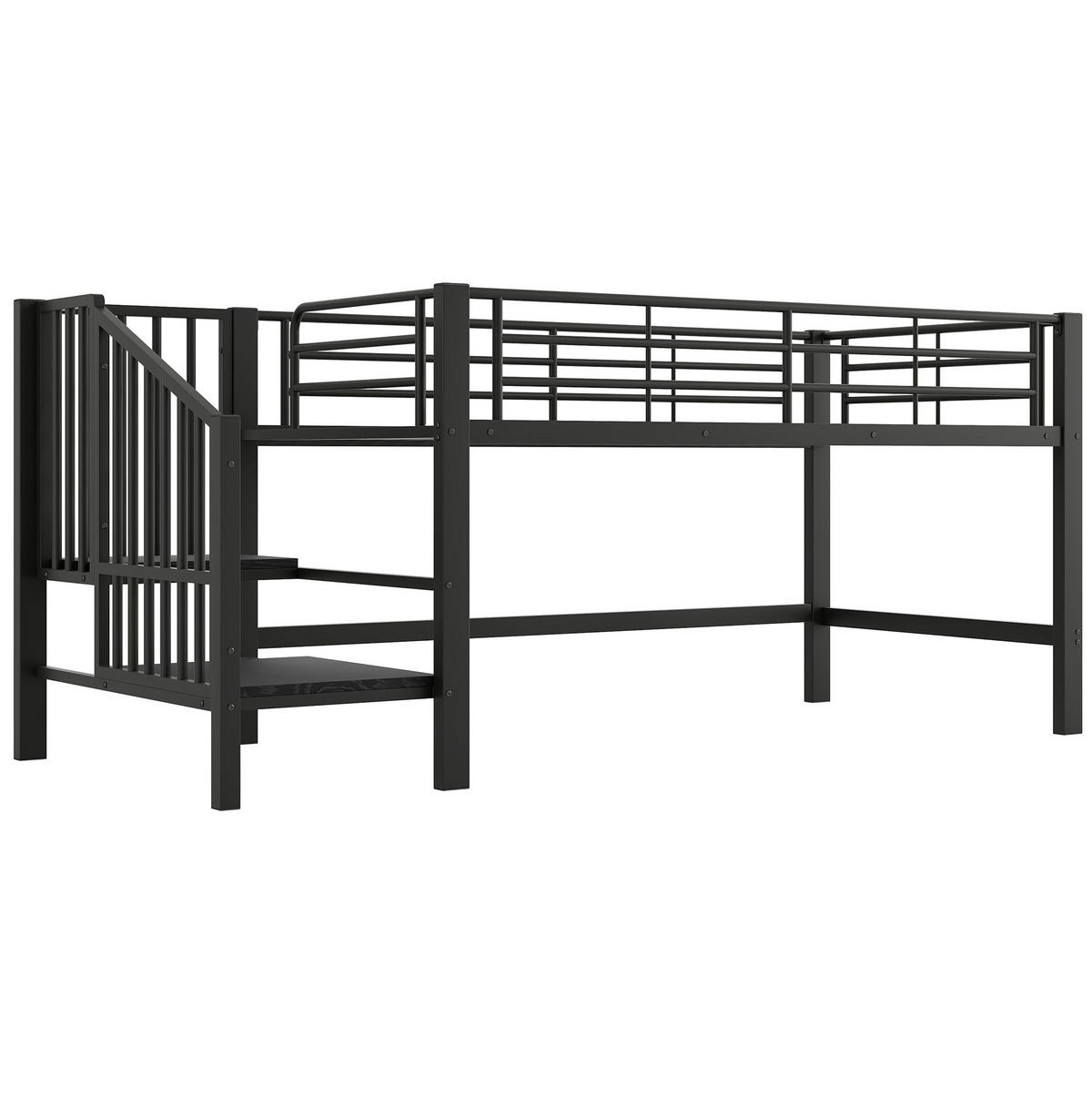 HOCHBETT aus MDF und Metall 90x200 cm Schwarz mit Stauraumtreppe und platzsparendem Design - Schwarz, Holzwerkstoff (90/200cm) - Modfu