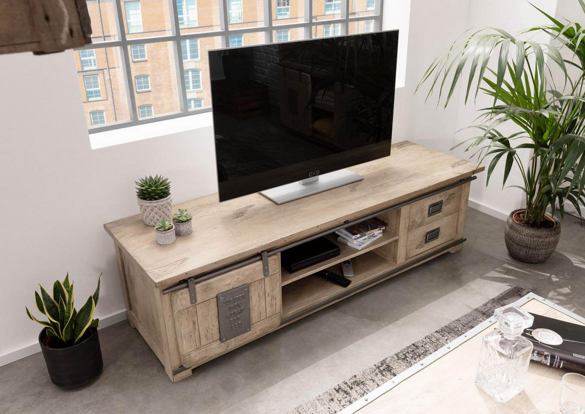 TV-BOARD Mango 180x55x50 whitewash lackiert RAILWAY #345 - Beige, Holz (55/50/180cm) - Massivmoebel24