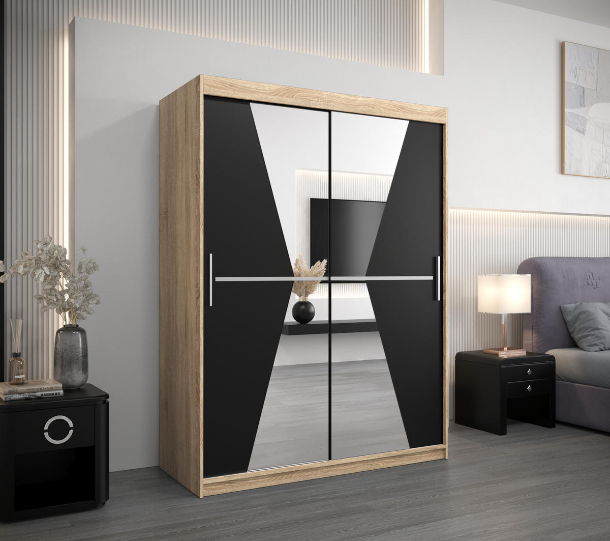 SCHWEBETÜRENSCHRANK 200/150/62 2-türig - Silberfarben/Schwarz, Holz/Kunststoff (150/200/62cm) - Abiks Möbel