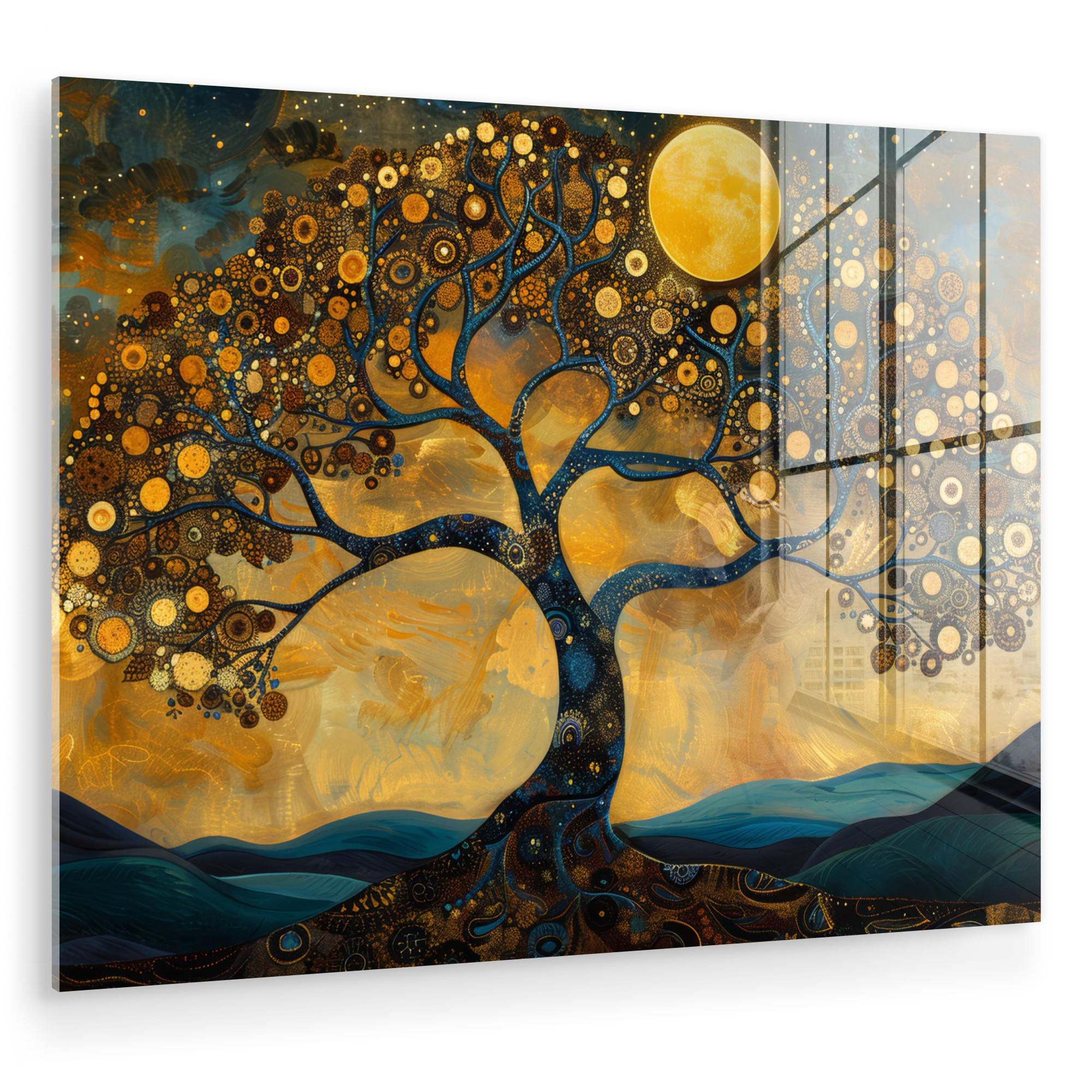 ACRYLGLASBILD Baum - Mond - Blumen - Gold - Kunst 80x60 cm - Orange, Glas (80/60cm) - MuchoWow