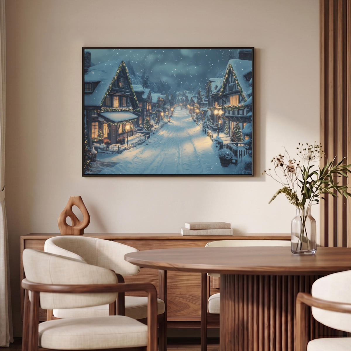 LEINWAND Bilder mit Rahmen - Weihnachtsdorf - Weihnachten - Schnee - Winter - 100x70 - Dunkelblau, Textil (100/70cm) - MuchoWow